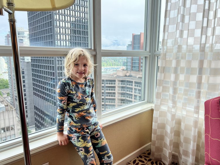 Mia in our room at the Marriott hotel in Vancouver