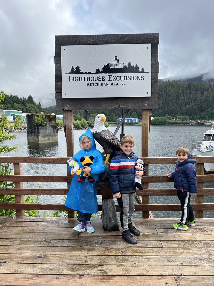 Mia, Bennett, and Tavasz getting ready to board a boat to go wildlife viewing in Ketchikan