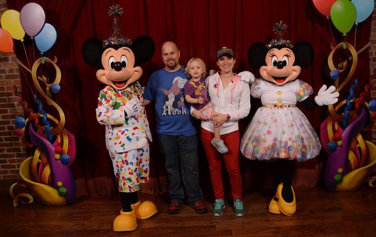 James, Kati, and Mia with Mickey and Minnie photo opp at Walt Disney World