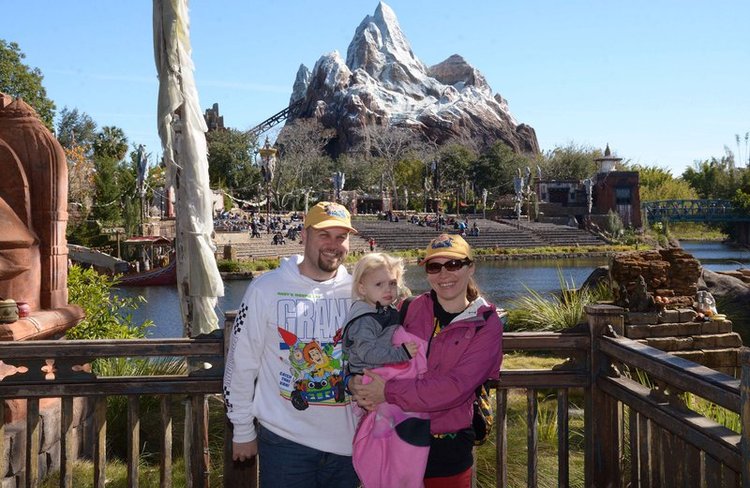 James, Kati, and Mia near Expedition Everest rollercoaster at Animal Kingdom