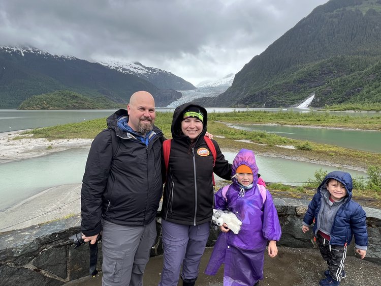 Jimmy, Kati, and Mia (and Tavasz) at Mendenhall Glacier