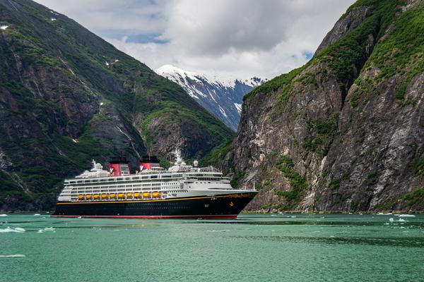 Disney Wonder in the Tracy Arm fjord from a boat we took to see the South Sawyer Glacier