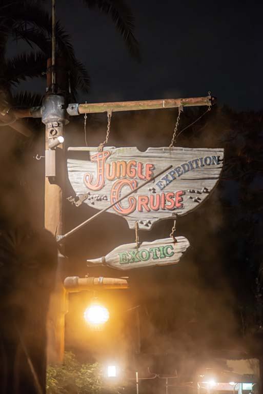 Jungle Cruise sign at night in the mist