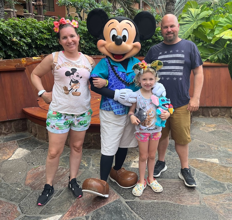 Kathy, Mia, James, and Mickey at Aulani in Hawaii