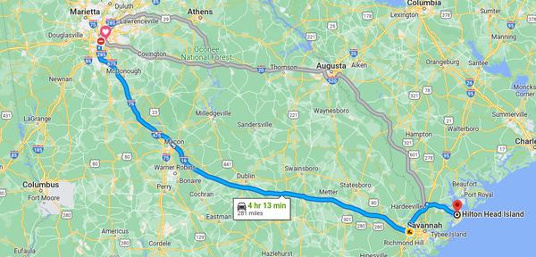 Route from Atlanta to Hilton Head Island
