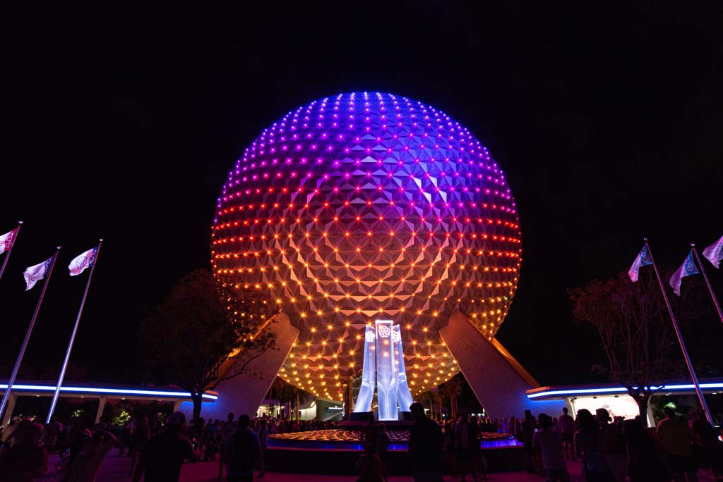 Spaceship Earth ride at EPCOT at night